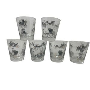 Vintage Libbey Horseless Carriage Whiskey Tumbler Set 6 Low Ball Barware Glasses